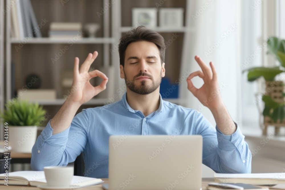 Calm businessman practicing mindfulness with a meditative pose at his desk. Calm businessman practicing mindfulness with a meditative pose at his desk.