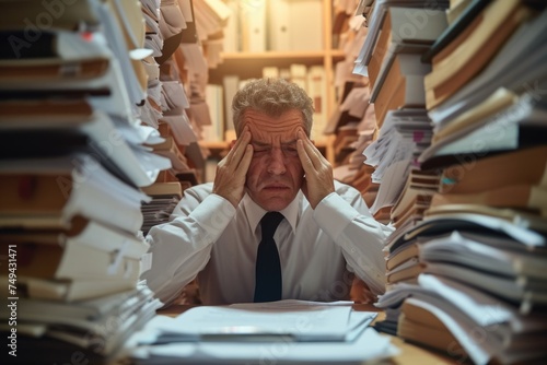 The image depicts a man in a white shirt and tie, surrounded by chaotic stacks of paperwork, his hands on his temples, suggesting stress or extreme focus