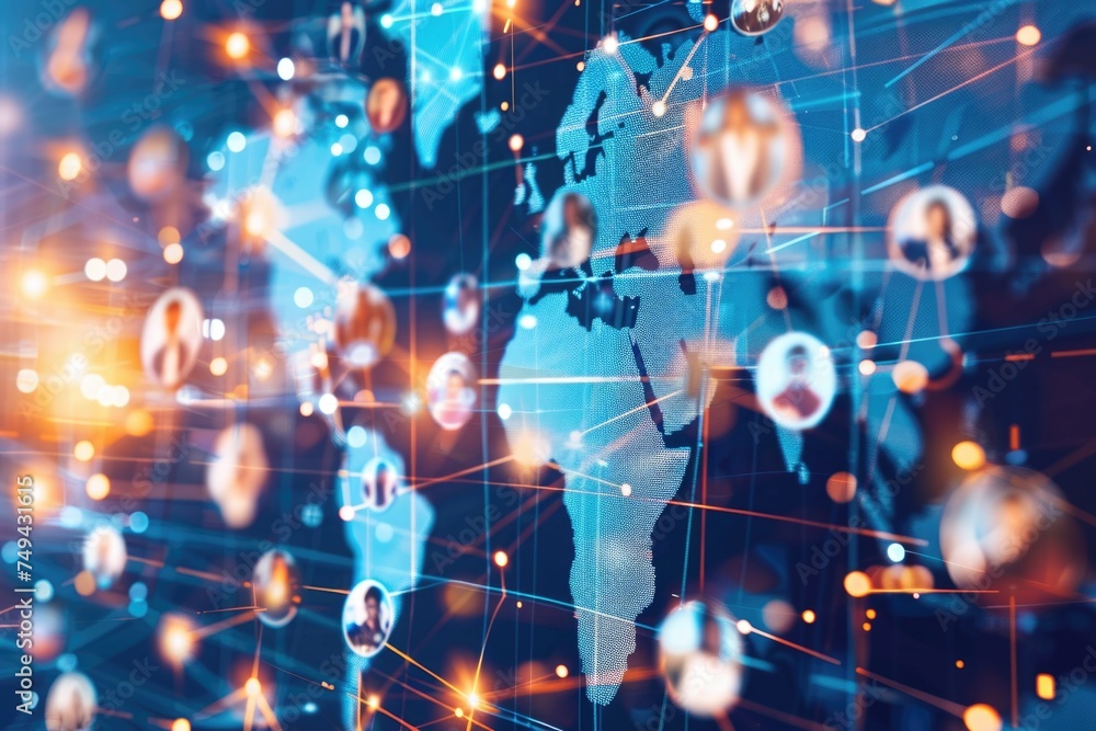 A world map at the center surrounded by various social media icons representing global connectivity and communication A world map at the center surrounded by various social media icons representing global connectivity and communication