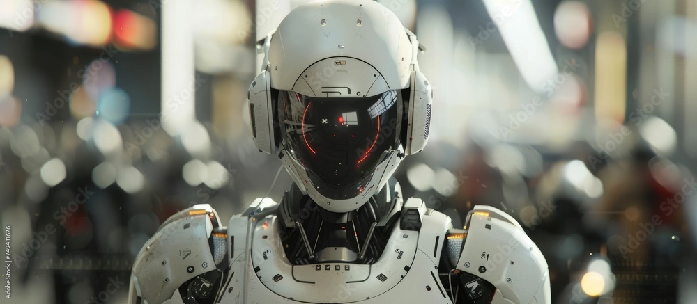A man wearing a white suit and helmet is working in a futuristic industrial factory setting. He is likely involved in computer-aided manufacturing or other high-tech processes. A man wearing a white suit and helmet is working in a futuristic industrial factory setting. He is likely involved in computer-aided manufacturing or other high-tech processes.
