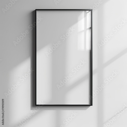 A slender black rectangular frame with a blank white canvas hangs elegantly on a white wall, the frame perfectly positioned in the center of the picture. Reflecting elegance and simplicity photo