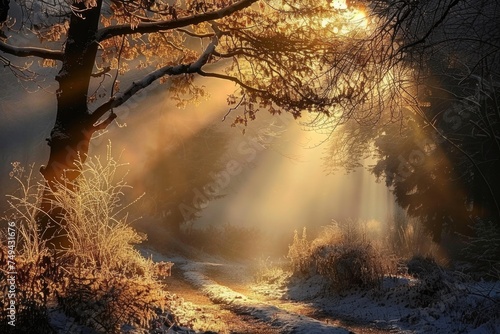 The suns warm beams filter through the trees onto a snowy path  creating a breathtaking winter scene