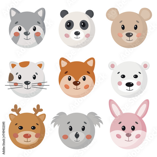 Cartoon cute animals faces collection for baby card, prints, invitation. Cute funny jungle, forest and farm animals icon, portrait set isolated on white background. Bunny, cat, fox, bear, panda, deer.