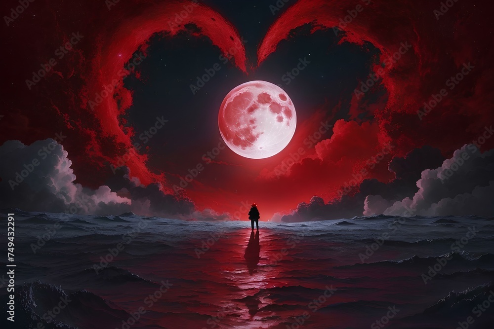 red heart into the moon night - obrazy, fototapety, plakaty 