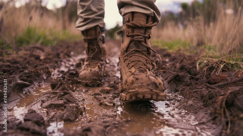 Trekking Through Muddy Terrain in Hiking Boots generative ai Trekking Through Muddy Terrain in Hiking Boots generative ai