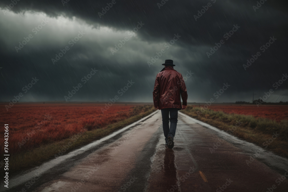 A man is walking down a road in the rain in dramatic weather. A concept of loneliness and depression
