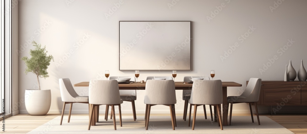 The dining room features a sleek table and matching chairs. The modern mock-up poster frame adds a contemporary touch to the interior. The room is tastefully decorated and inviting for a meal or The dining room features a sleek table and matching chairs. The modern mock-up poster frame adds a contemporary touch to the interior. The room is tastefully decorated and inviting for a meal or