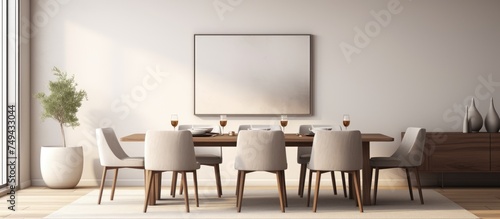 The dining room features a sleek table and matching chairs. The modern mock-up poster frame adds a contemporary touch to the interior. The room is tastefully decorated and inviting for a meal or © Emin