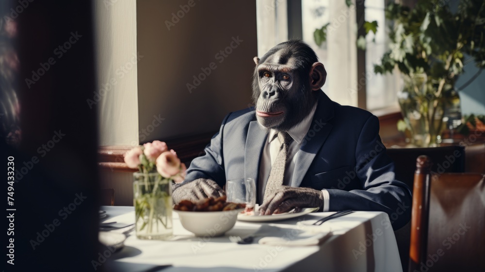 Monkey sits in a restaurant waiting for an order. Chimpanzee in restaurant Monkey sits in a restaurant waiting for an order. Chimpanzee in restaurant