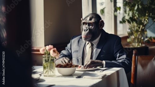 Monkey sits in a restaurant waiting for an order. Chimpanzee in restaurant