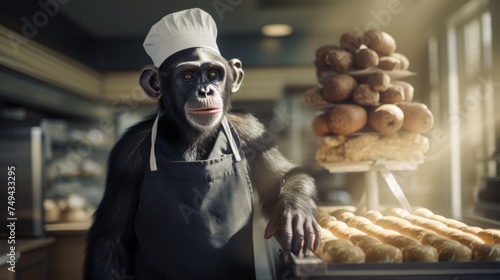 Monkey cook in the restaurant cook food. Chimpanzee in restaurant © Vladimir
