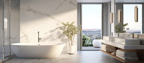 This modern bathroom features white marble walls  a spacious tub  and a sleek sink with mirrors. The tub invites relaxation  while the sink area offers functionality and style.