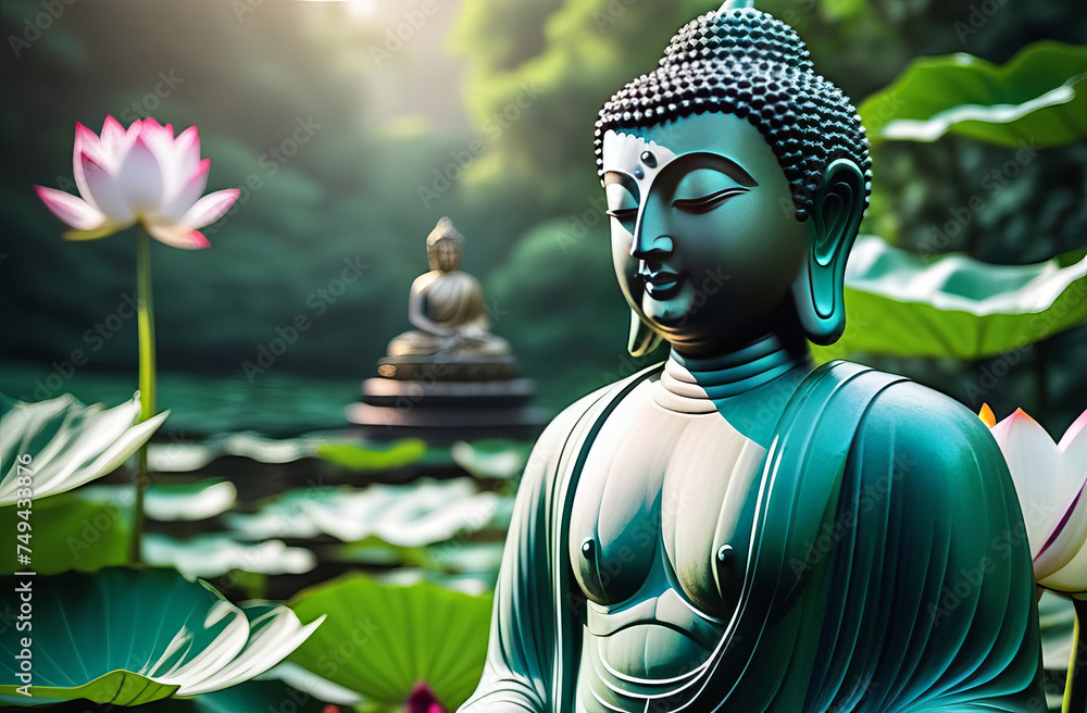 Abstract beautiful Buddha with lotus flower on the garden. Abstract background. Isolated close up