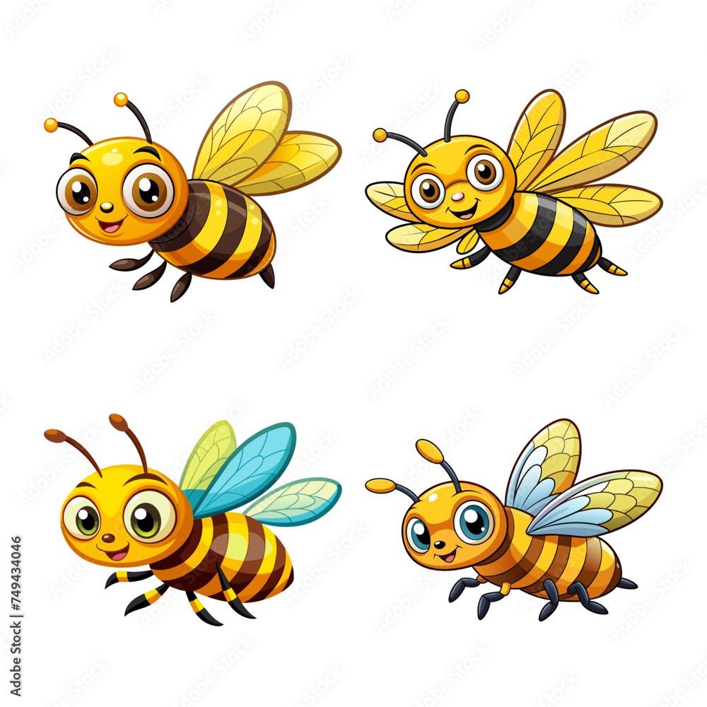 A set of four cartoon style happy flying bee with big eyes A set of four cartoon style happy flying bee with big eyes
