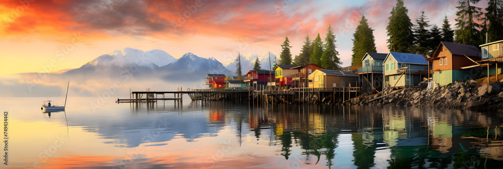 Sunset Serenity - A Glimpse into the Tranquil Life at a Picturesque British Columbia Fishing Village - obrazy, fototapety, plakaty 