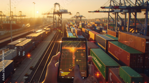 Amidst the glow of advanced display technology, a logistics tracking app on a tablet screen displays a live feed of cargo containers being transported by trucks and trains, with re