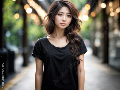 Beautiful Asian woman in a black t-shirt with a bokeh background