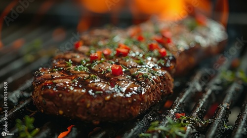 Grilled meat steak on stainless grill depot with flames on dark background. Food and cuisine concept.