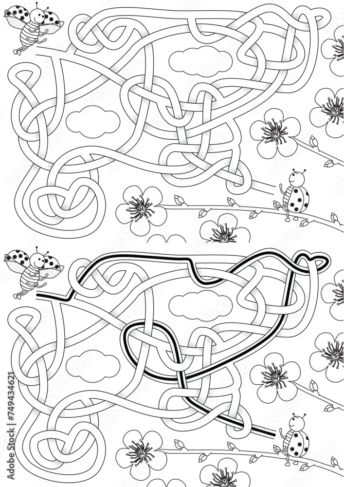 Ladybug maze on the cherry plum branch for kids with a solution