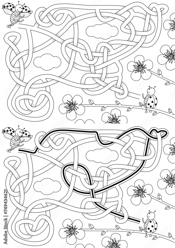 Ladybug maze on the cherry plum branch for kids with a solution Ladybug maze on the cherry plum branch for kids with a solution