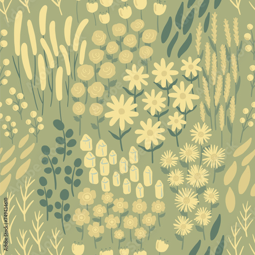 Hand draw flowers in the garden on green background art stye seamless pattern