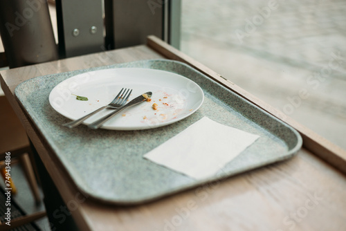 Obraz na płótnie lunch tray with Empty dirty dish. White plate with fork and knife on table after dinner w salonie