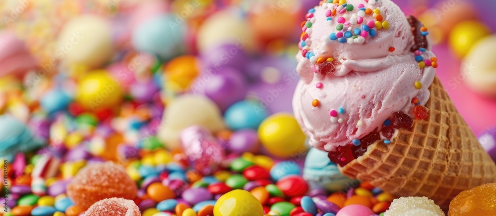 A close-up view of a delectable ice cream cone topped with colorful sprinkles and assorted candy pieces, creating a visually appealing and mouthwatering treat.
