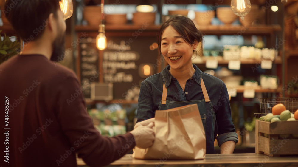 A smiling salesperson in an apron at a grocery store handing over a purchased bag to a customer.