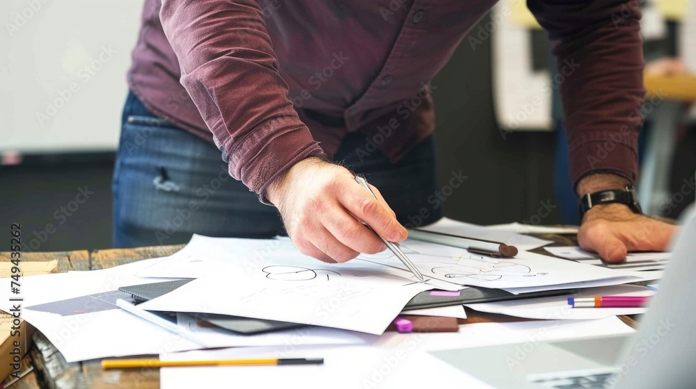 An interior designer's desk is filled with piles of papers An interior designer's desk is filled with piles of papers