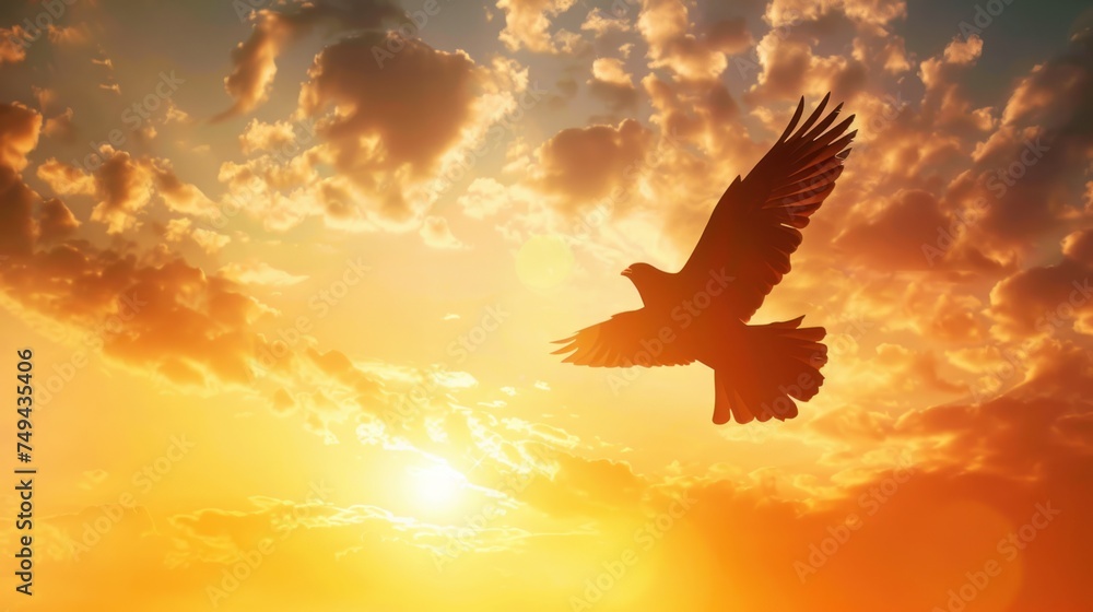 Obraz premium The silhouette of a crow flying at dawn, with its wings spread wide against a cloudy golden sunrise sky.