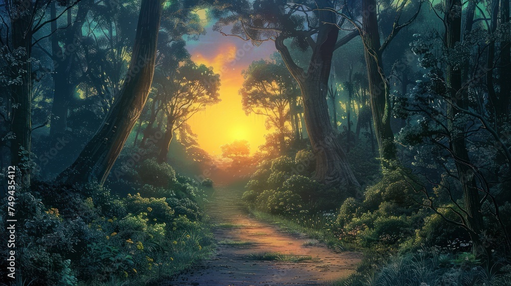 A mystical forest path is illuminated by the golden glow of a magical sunrise, with rays filtering through the dense foliage.
