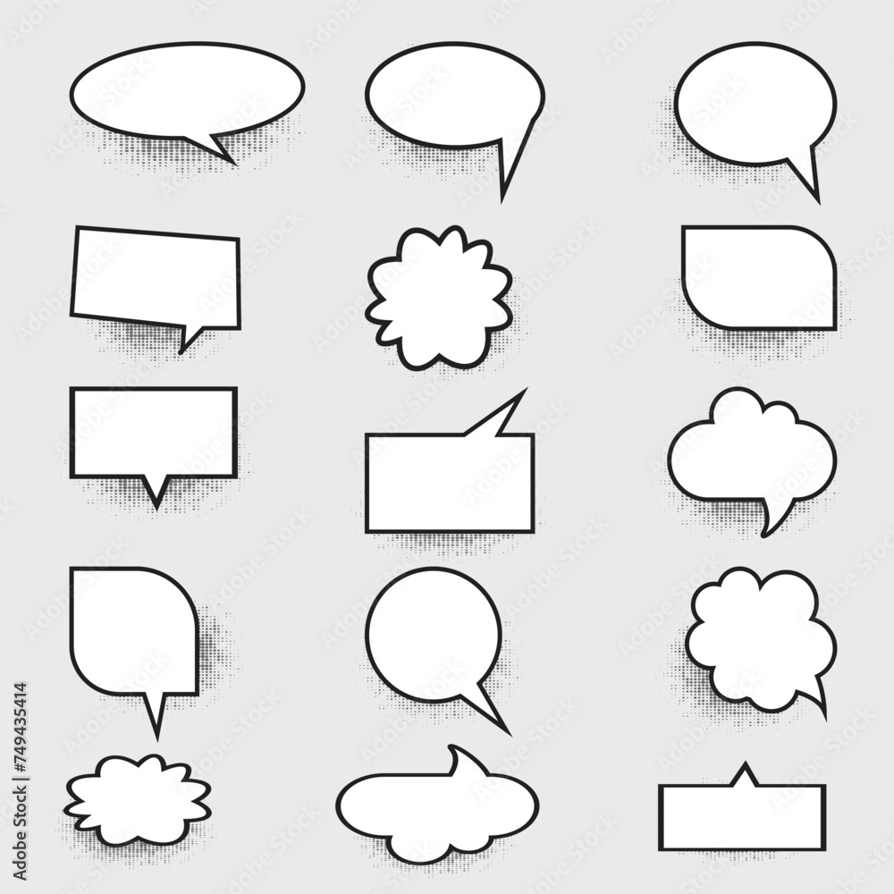 Fototapeta premium Set of speech bubbles. Set of comic speech bubbles. Blank comic bubbles and elements with black shadows in pop art style. Abstract creative vector collection white blank bubble comic text. Dialog box