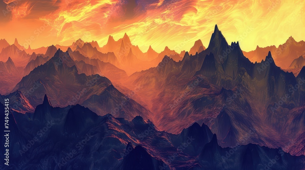 An intense, fiery sky blazes above a rugged mountain landscape, evoking a sense of wonder and the sublime power of nature. - obrazy, fototapety, plakaty 