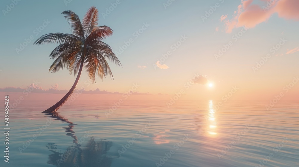 A single palm tree stands tall against the soft dawn light, with its reflection stretching across the calm sea surface.