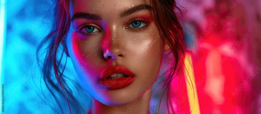 A stylish woman with striking blue eyes and bold red lipstick, exuding confidence and sophistication. A stylish woman with striking blue eyes and bold red lipstick, exuding confidence and sophistication.