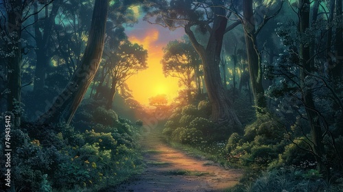 A mystical forest path is illuminated by the golden glow of a magical sunrise  with rays filtering through the dense foliage.