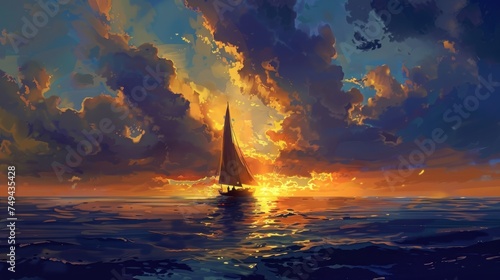 A sailboat ventures into the vastness of the ocean, its sails catching the last light of a dramatic and fiery sunset that sets the sky ablaze.