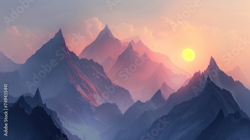 The sun rises, casting a warm glow over snow-capped mountain peaks, creating a breathtaking, tranquil alpine scene.