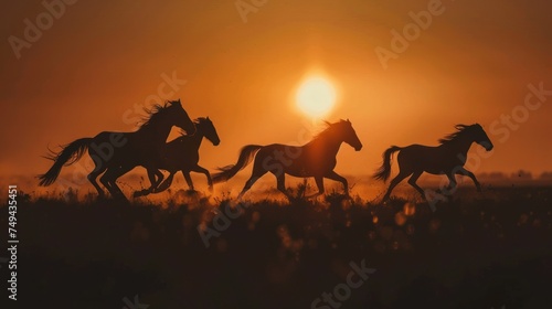 Silhouettes of wild horses running free across the field with the vibrant glow of the rising sun backlighting them. © Arunrat