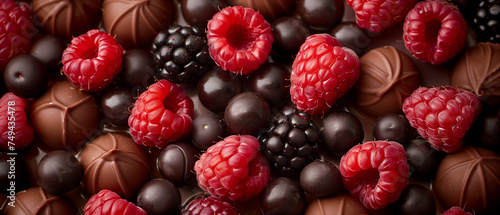 assorted handmade chocolates and fresh berries. banner for confectionery, sweets shop, handmade chocolate. photo