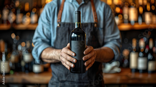 
waiter in fancy suite holding wine bottle close up