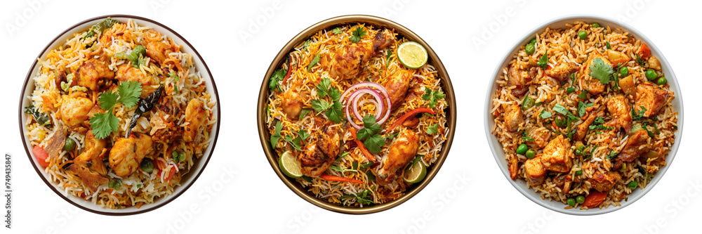 Set of Delicious vegetable chicken biryani plate close up, top view, isolated on transparent background, cut out Set of Delicious vegetable chicken biryani plate close up, top view, isolated on transparent background, cut out