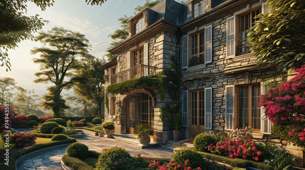 the elegance of a French Provincial house with stone accents, surrounded by a manicured garden - obrazy, fototapety, plakaty 