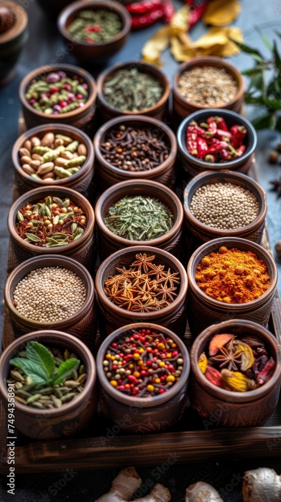 A tray filled with a variety of different types of spices, showcasing an assortment of colors, textures, and aromas. A tray filled with a variety of different types of spices, showcasing an assortment of colors, textures, and aromas.