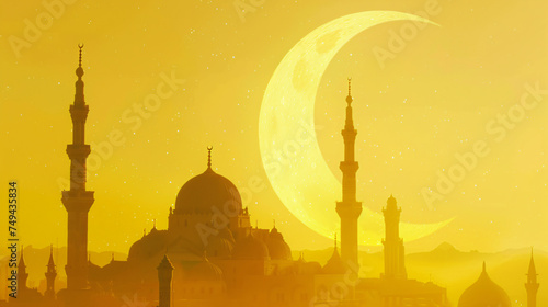 Ramadan mosque moon yellow background Arabic