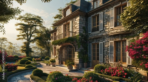 the elegance of a French Provincial house with stone accents, surrounded by a manicured garden