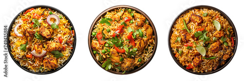 Set of Delicious vegetable chicken biryani plate close up, top view, isolated on transparent background, cut out