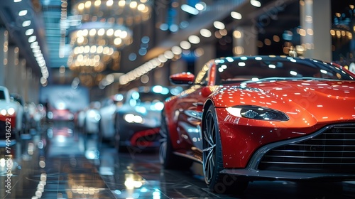 Close up sports cars in the showroom on bokeh background  light reflection. supercars.