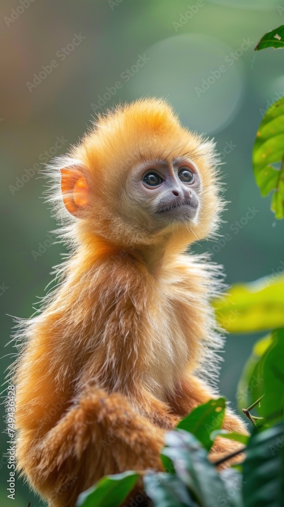 Obraz premium A small monkey is perched on top of a tree branch in its natural habitat.