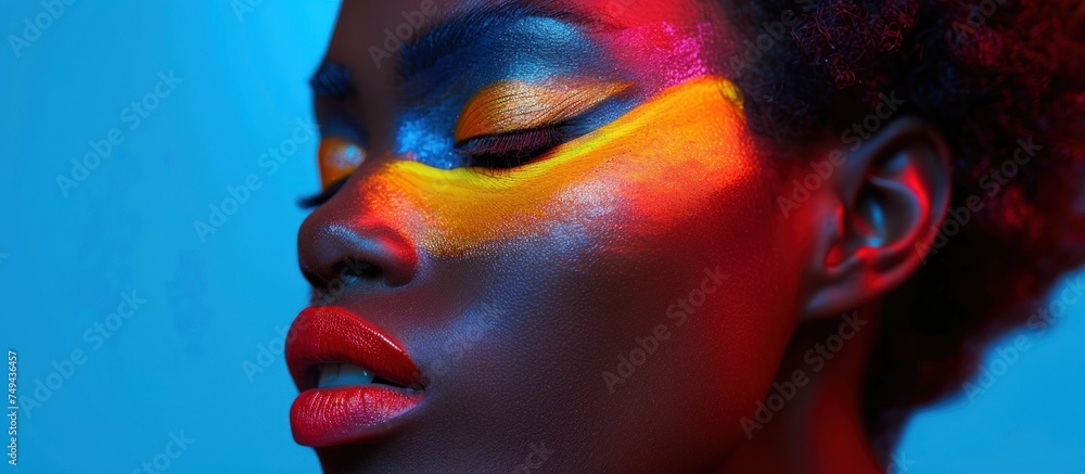 A woman with vibrant makeup showcasing a bold, colorful design on her face. A woman with vibrant makeup showcasing a bold, colorful design on her face.